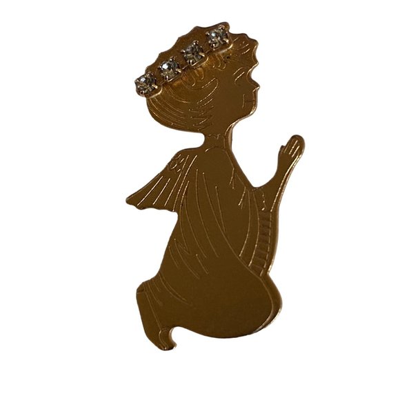 Vintage Gold Tone Praying Angel Brooch Pin Rhinestones Halo Etched Metal Disc - Picture 1 of 8